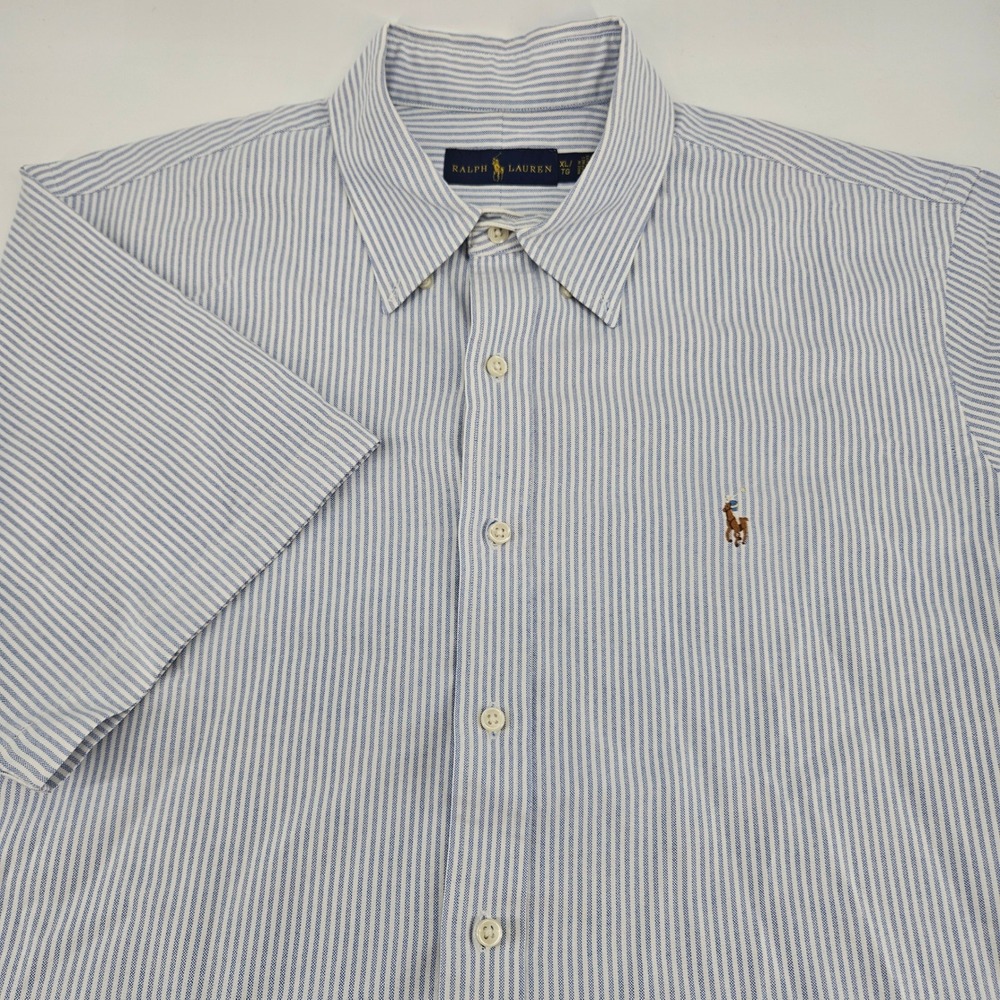 Ralph Lauren Mens XL Blue White Striped Short Sleeve Button Down Oxford Shirt